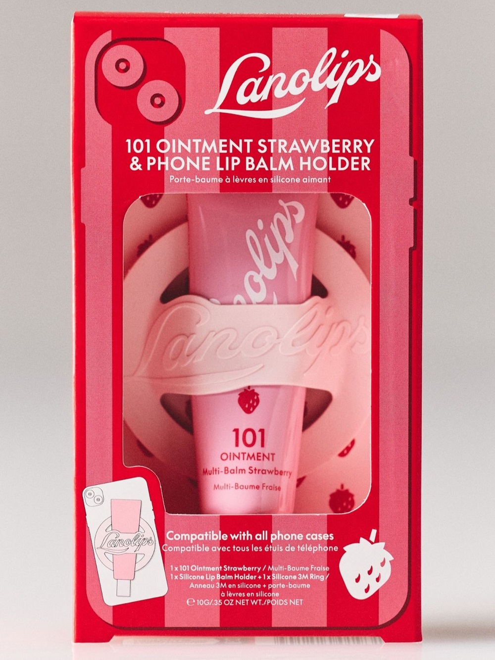 Lanolips Strawberry 101 Ointment & Phone Lip Balm Holder Lipgloss Pink NEW NWT